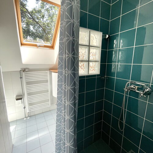 Emeleti fürdőszoba, zuhannyal és wc-vel.