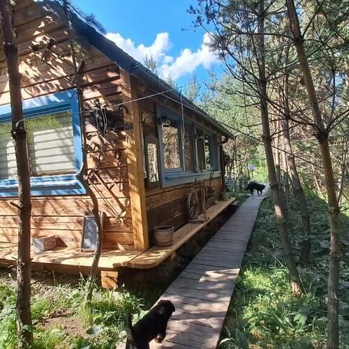 LasMiras, czteroosobowy domek w klimacie PRL położony na potokiem z wodą borowinowa obok balii z gorącą borowinowa wodą.