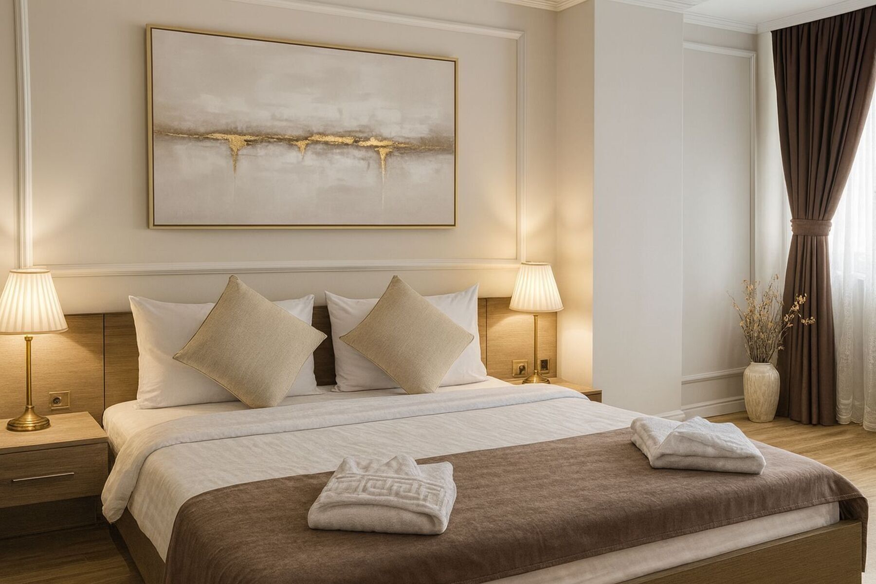 Dormitorul nr. 1  de la Mid Velvet, elegant și confortabil, cu pat matrimonial, lenjerie și prosoape de calitate superioară