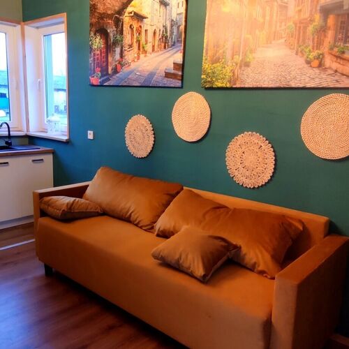 Salon z rozkladana sofa oraz aneksem kuchennym.