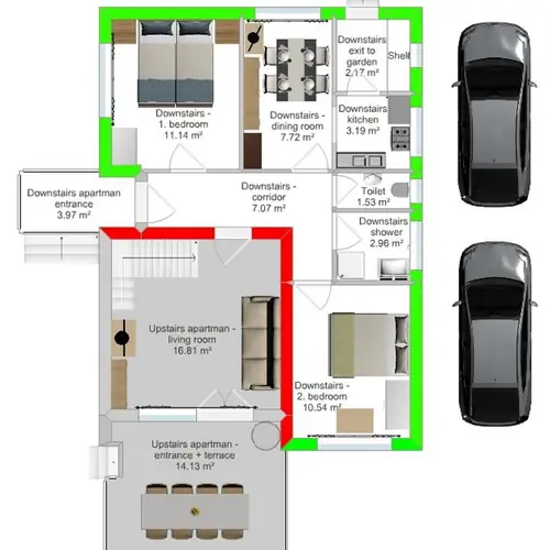 Földszinti apartman (zöld) és részben emeleti apartman (piros) = teljes ház esetén egyben van kiadva mindenkét apartman