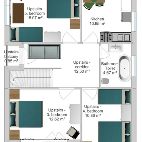 Emeleti apartman
(teljes ház esetén egyben van kiadva mindenkét apartman)