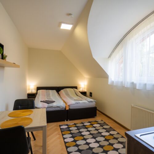 Pokoj s privátní koupelnou mimo apartmán s manželskou postelí na poschodí