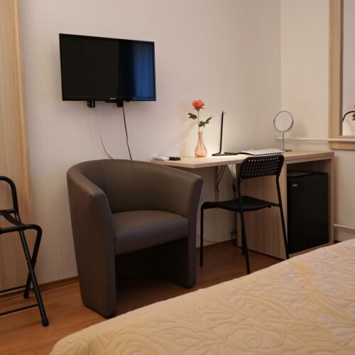 Camera dubla cu aer condiționat cu vedere spre grădină (se poate solicita pat suplimentar)