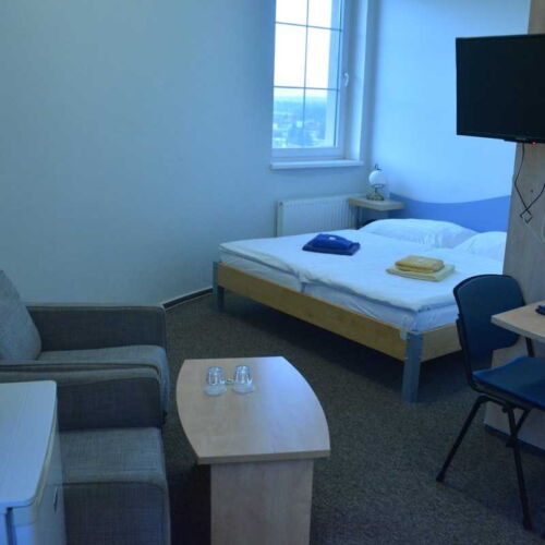 Pokoj tV s plochou obrazovkou se sprchou s manželskou postelí