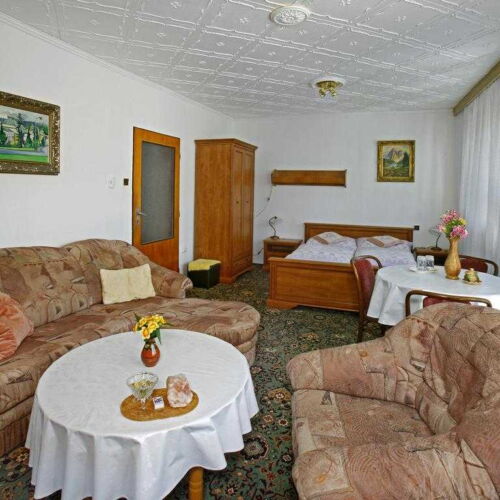 Pokoj se sprchou s terasou s manželskou postelí