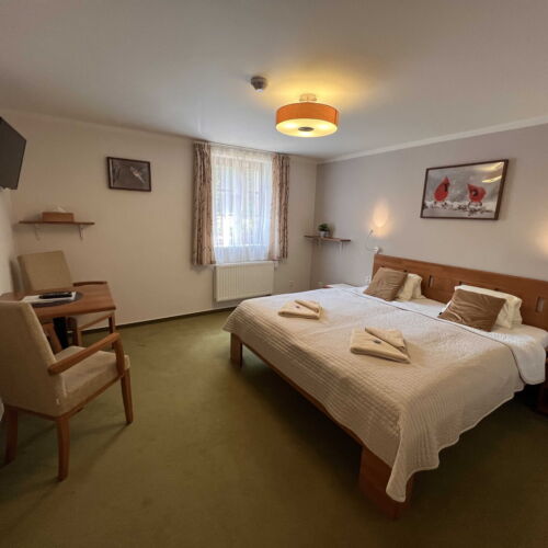 Pokoj se sprchou s manželskou postelí s výhledem na les