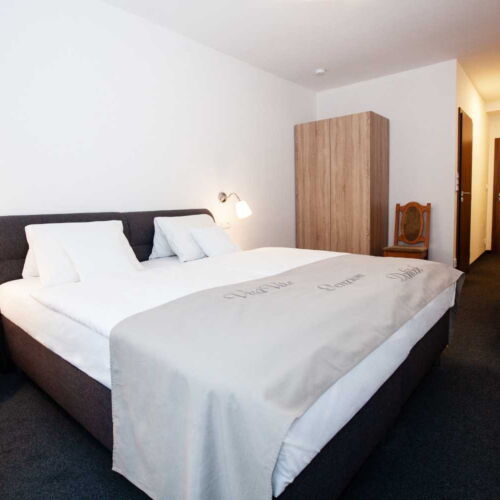 Pokoj se sprchou s terasou s manželskou postelí