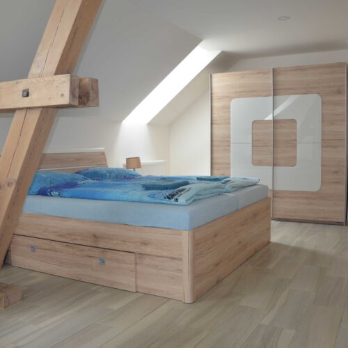 Pokoj se sprchou s manželskou postelí v podkroví