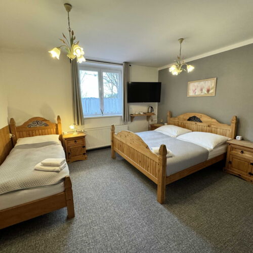 Camera tripla cu vedere spre curte (se poate solicita pat suplimentar)