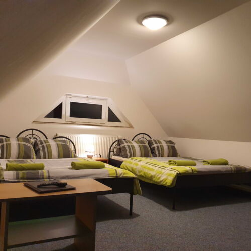 Pokoj s privátní koupelnou mimo pokoj pro 4 os. v podkroví (s možností přistýlky)