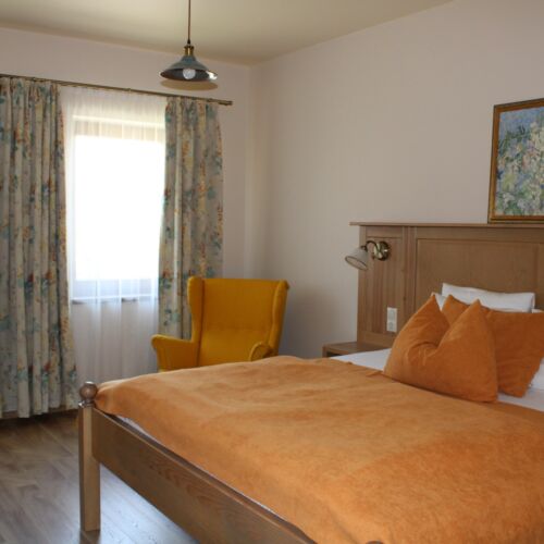 Pokoj s koupelnou s manželskou postelí s výhledem na město