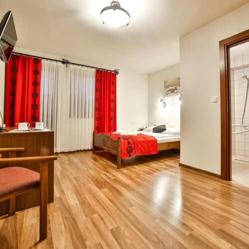 Camera dubla accesibil(ă) persoanelor cu dizabilități cu vedere spre munte