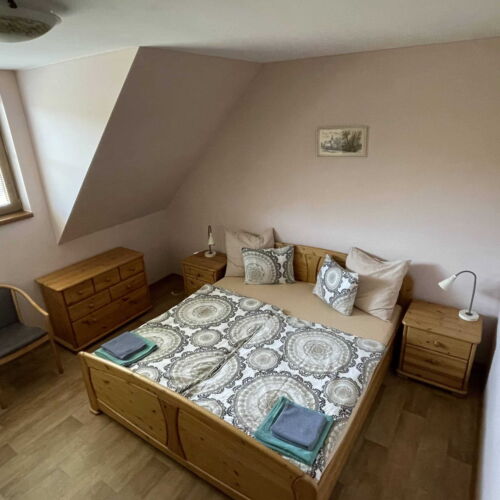 Pokoj se sprchou s terasou s manželskou postelí