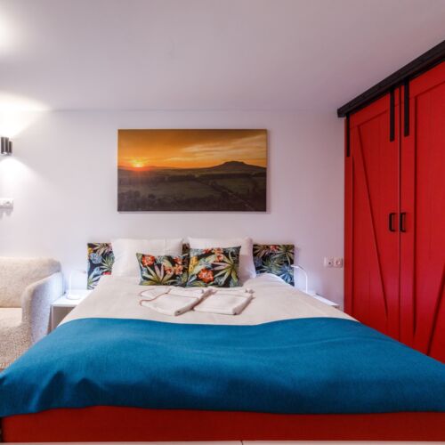 Camera dubla la parter cu vedere spre gradina (se poate solicita pat suplimentar)