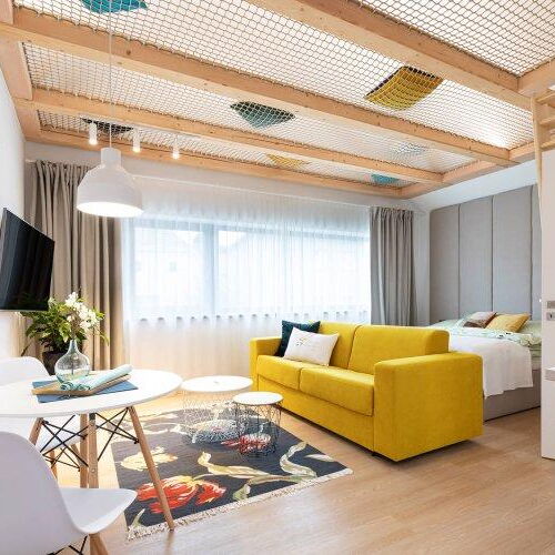 Apartament cu bucătărie proprie cu vedere spre grădină cu 1 camera pentru 2 pers. (se poate solicita pat suplimentar)