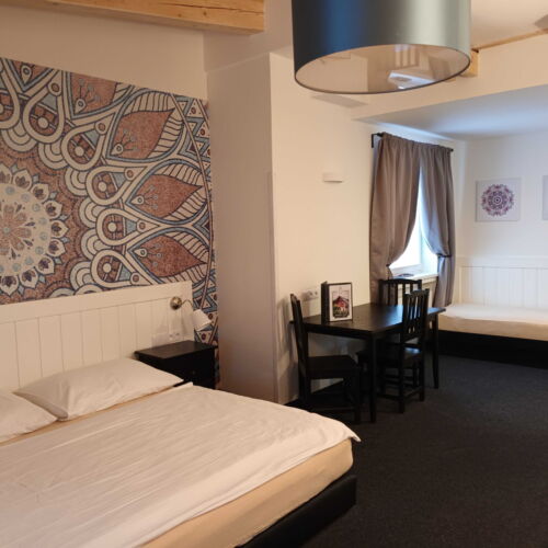 Pokoj se sprchou s vlastní kuchyňkou s manželskou postelí