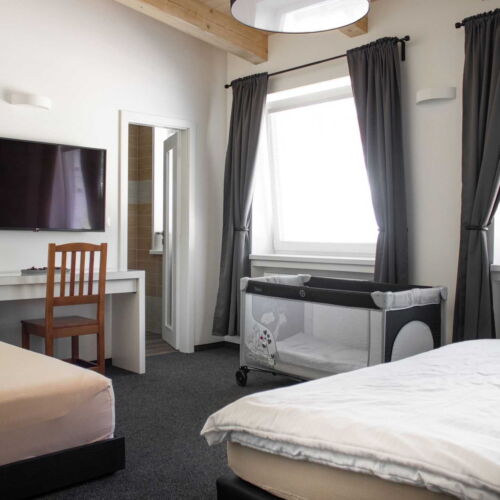 Pokoj se sprchou s vlastní kuchyňkou s manželskou postelí