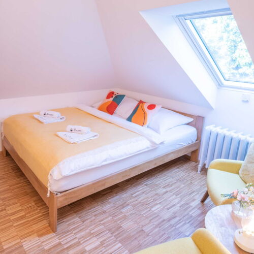 Pokoj se sprchou s manželskou postelí v podkroví