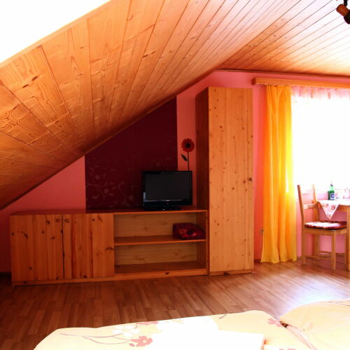 Pokoj se sprchou s manželskou postelí v podkroví