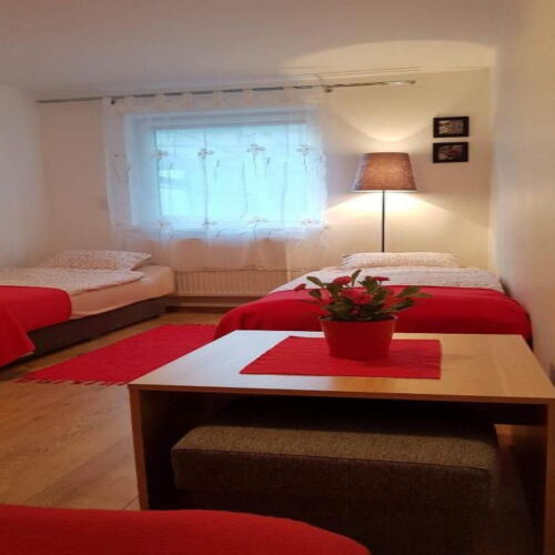 6-Bett-Zimmer mit Badezimmer und Aussicht auf den Garten
