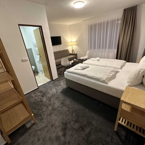 Pokoj s balkónem se sprchou s manželskou postelí