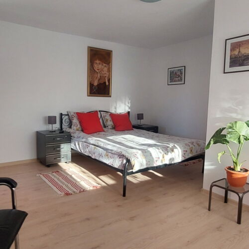 Camera tripla la etaj cu vedere spre grădină