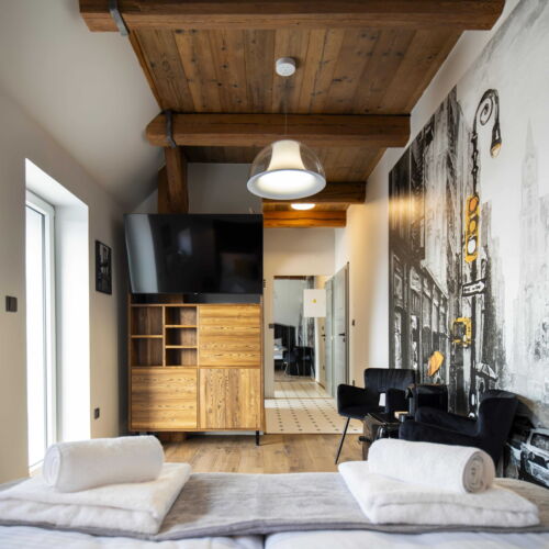 Pokoj s terasou s manželskou postelí v podkroví