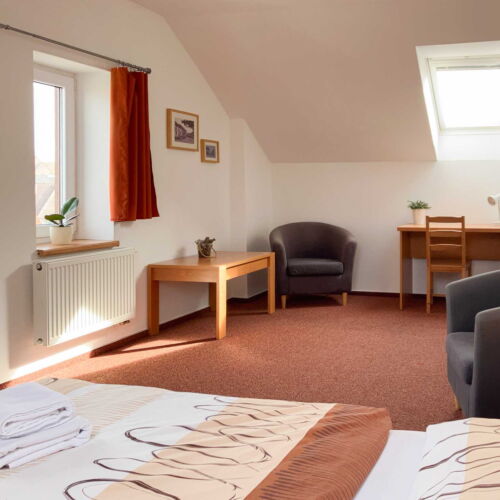 Pokoj se sprchou se společnou kuchyňkou s manželskou postelí