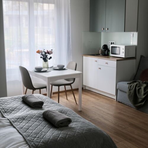 Apartman s klimatizací s privátní koupelnou mimo apartmán s manželskou postelí s 1 ložnicí