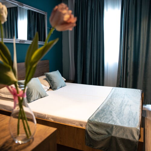 Pokoj s balkónem s manželskou postelí s výhledem na jezero