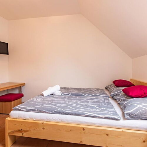 Pokoj se sprchou s manželskou postelí na poschodí