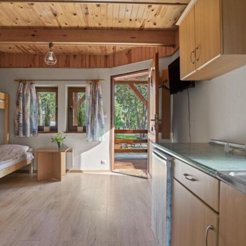 Domek drewniany 3-osobowy z tarasem tV z płaskim ekranem