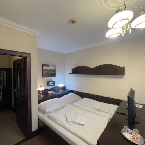 Pokoj s manželskou postelí s výhledem na město 