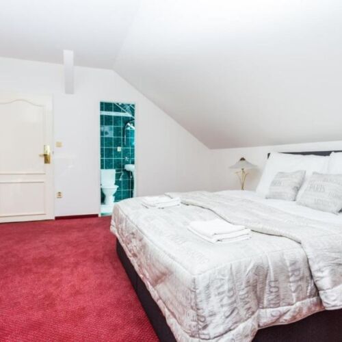 Pokoj s vanou s manželskou postelí na poschodí